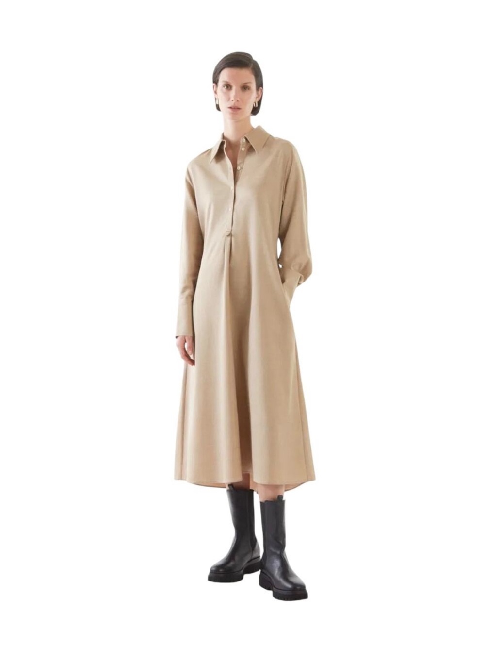 COS Beige Wool Blend Oversized Collar Midi Shirt Dress
